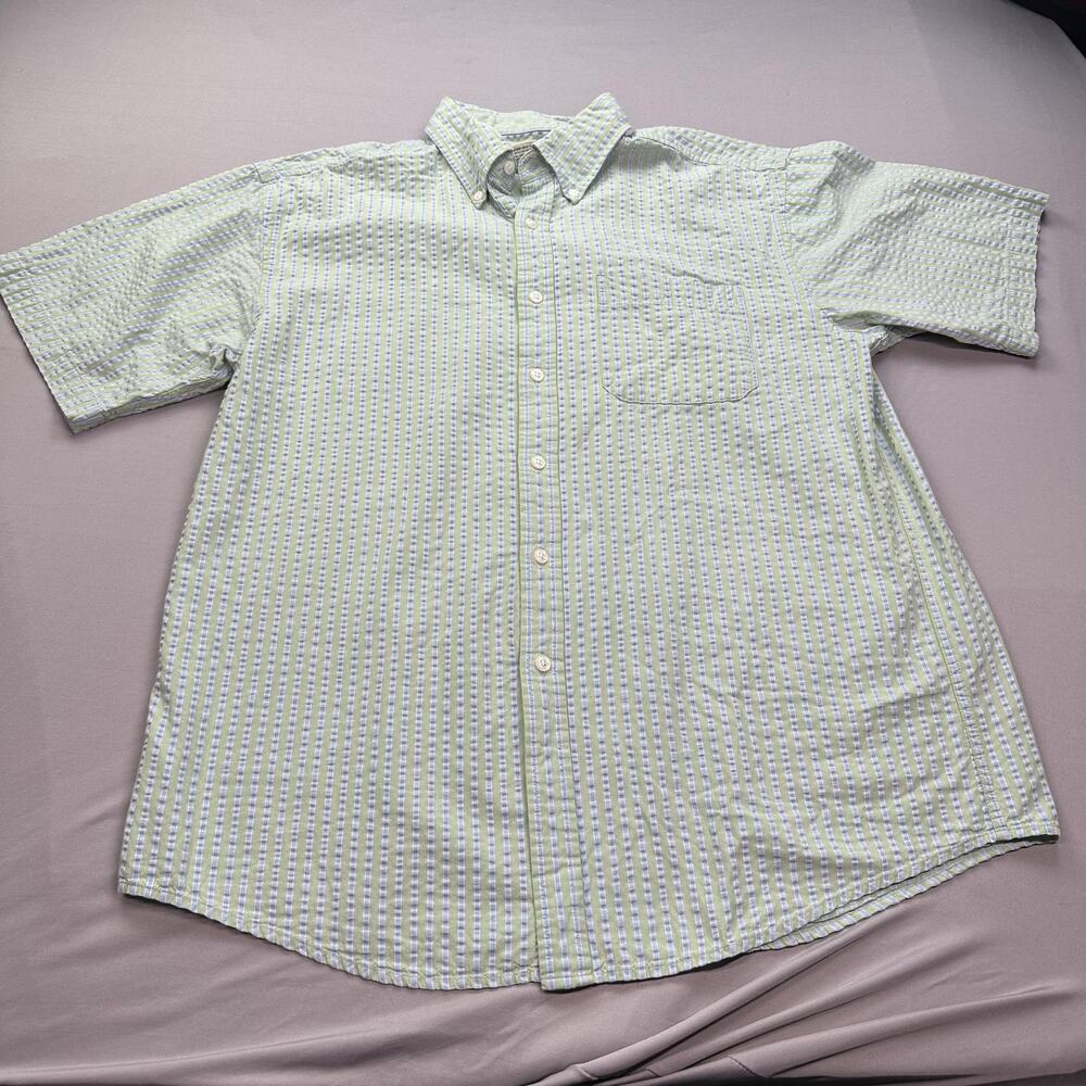 LL Bean‎ Shirt Mens Medium Green White Striped Seersucker Pocket Hiking Outdoor